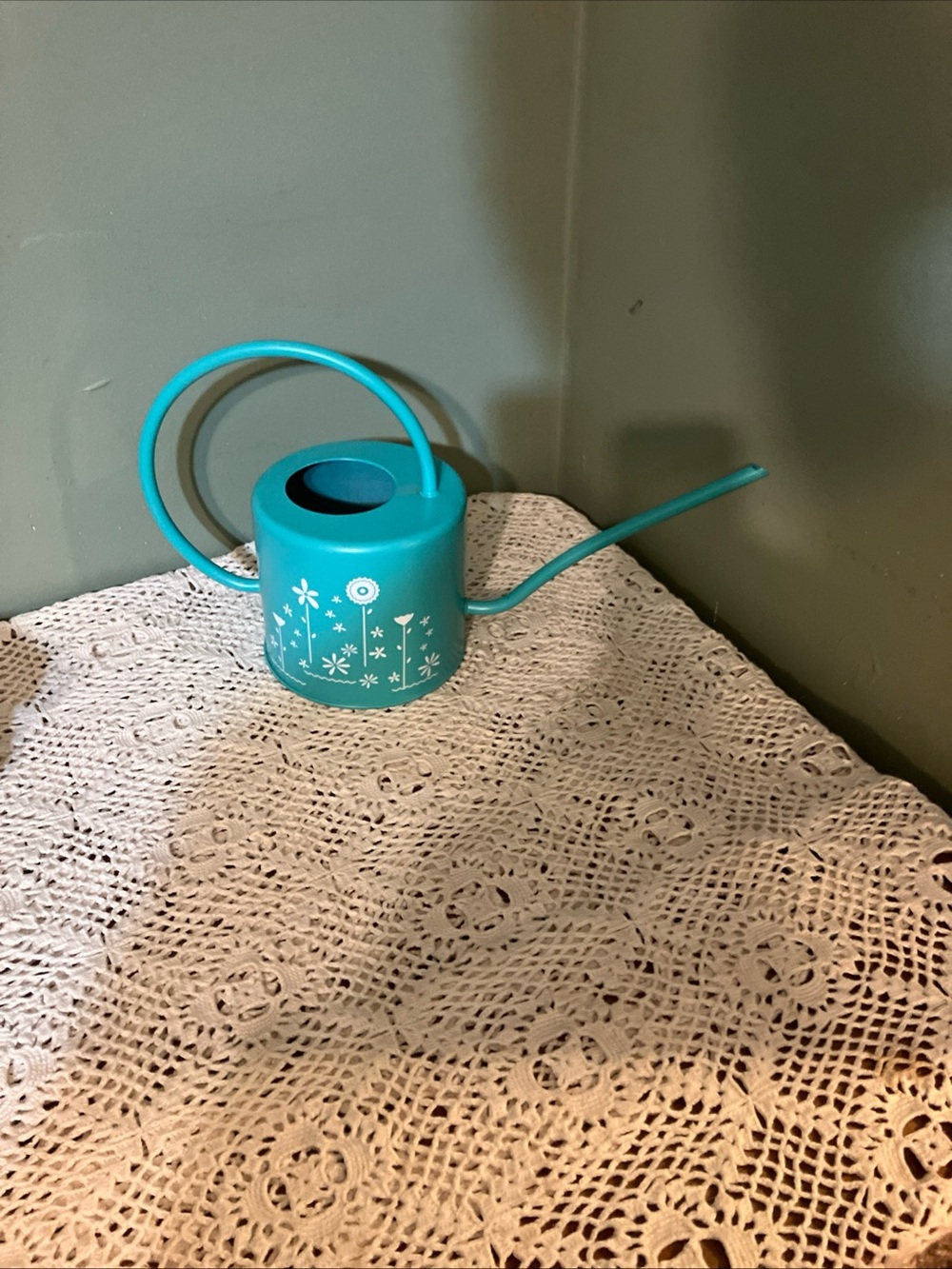 Teal floral Metal Watering Can